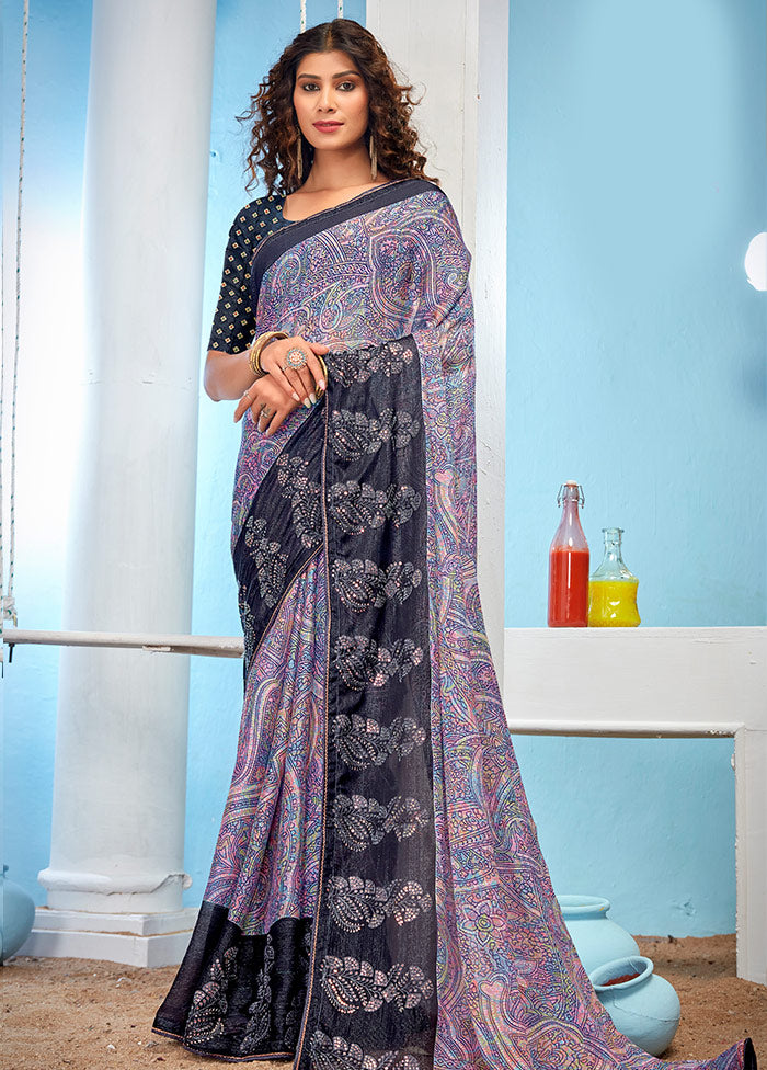 Blue Chiffon Silk Floral Print With Mirror Work Saree With Blouse Piece - Indian Silk House Agencies