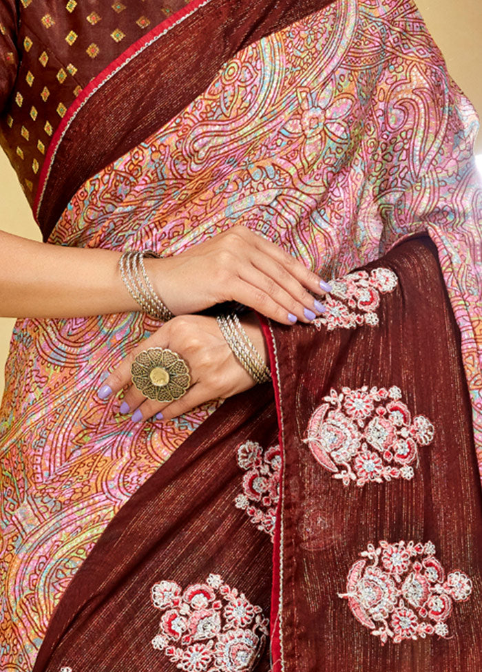 Maroon Chiffon Silk Foil Emblished Saree With Blouse Piece - Indian Silk House Agencies