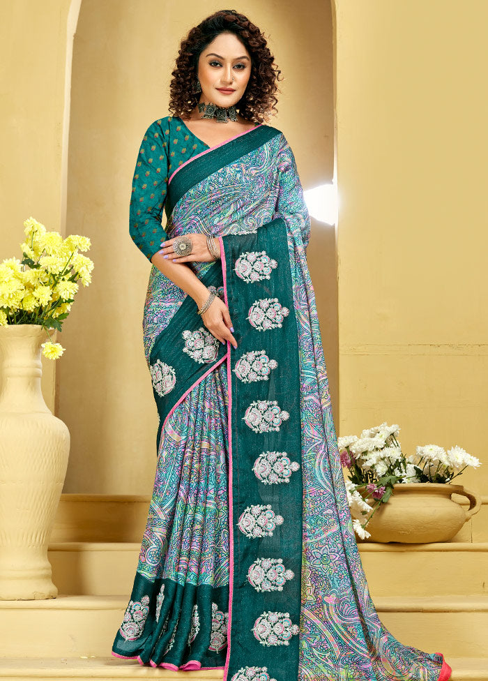 Blue Chiffon Silk Foil Emblished Saree With Blouse Piece - Indian Silk House Agencies