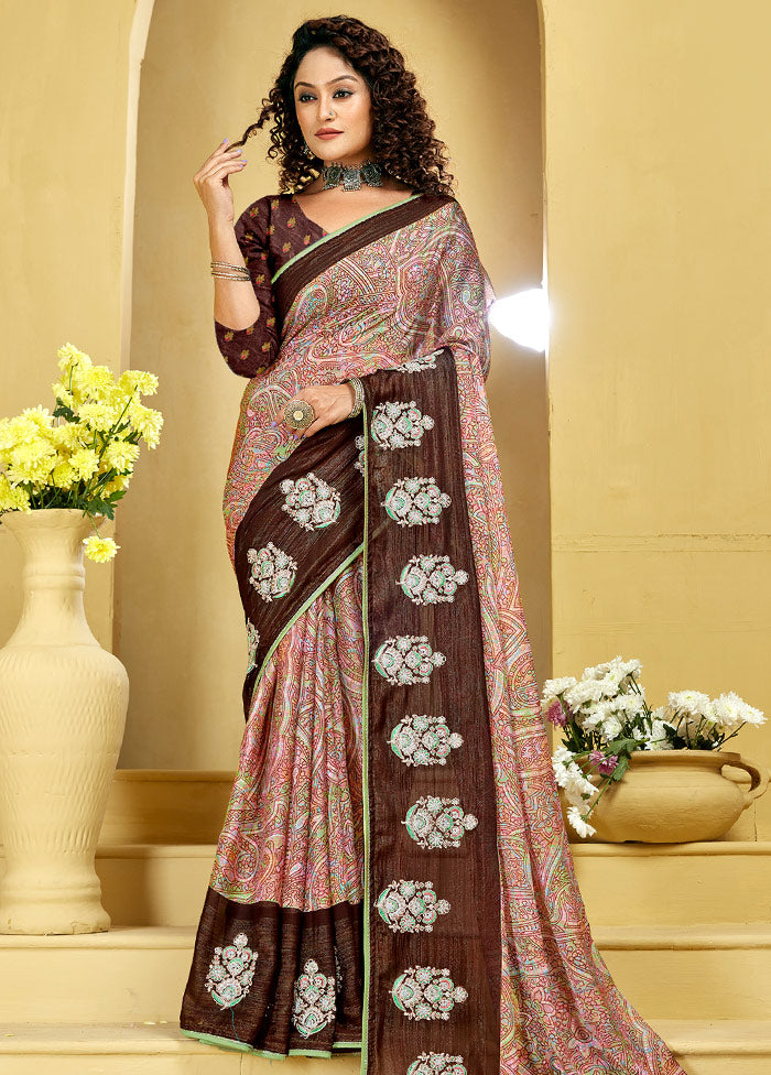 Brown Chiffon Silk Foil Emblished Saree With Blouse Piece - Indian Silk House Agencies