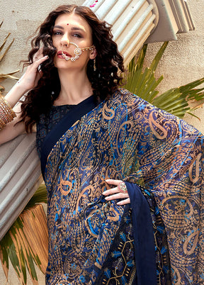 Navy Blue Chiffon Silk Embroidered Saree With Blouse Piece - Indian Silk House Agencies
