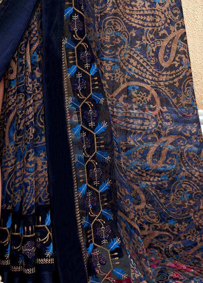 Navy Blue Chiffon Silk Embroidered Saree With Blouse Piece - Indian Silk House Agencies
