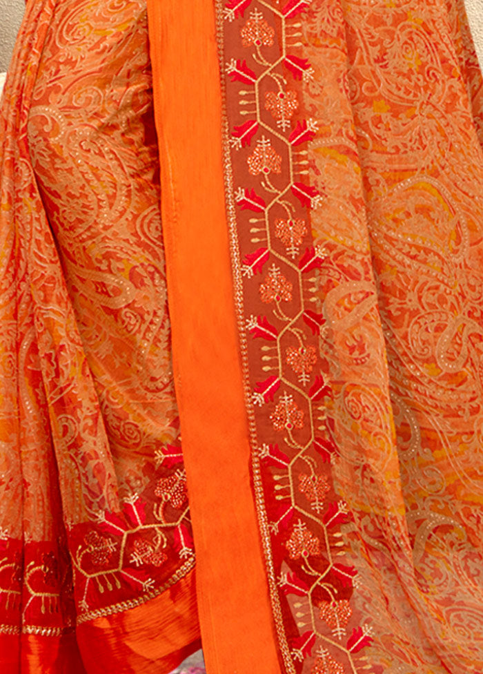 Orange Chiffon Silk Embroidered Saree With Blouse Piece - Indian Silk House Agencies