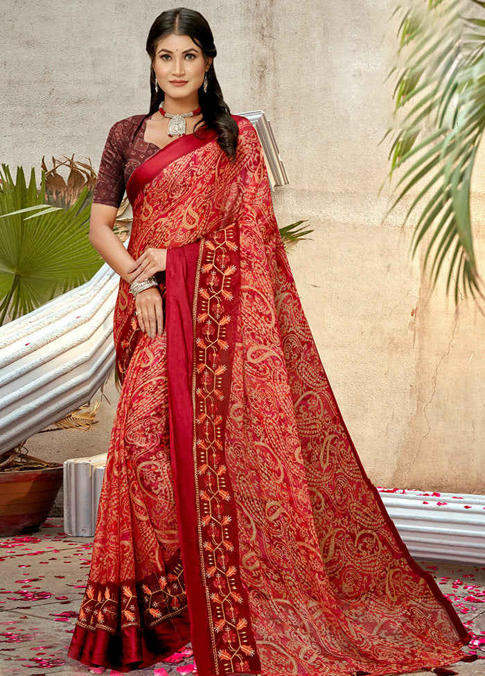 Maroon Chiffon Silk Embroidered Saree With Blouse Piece - Indian Silk House Agencies