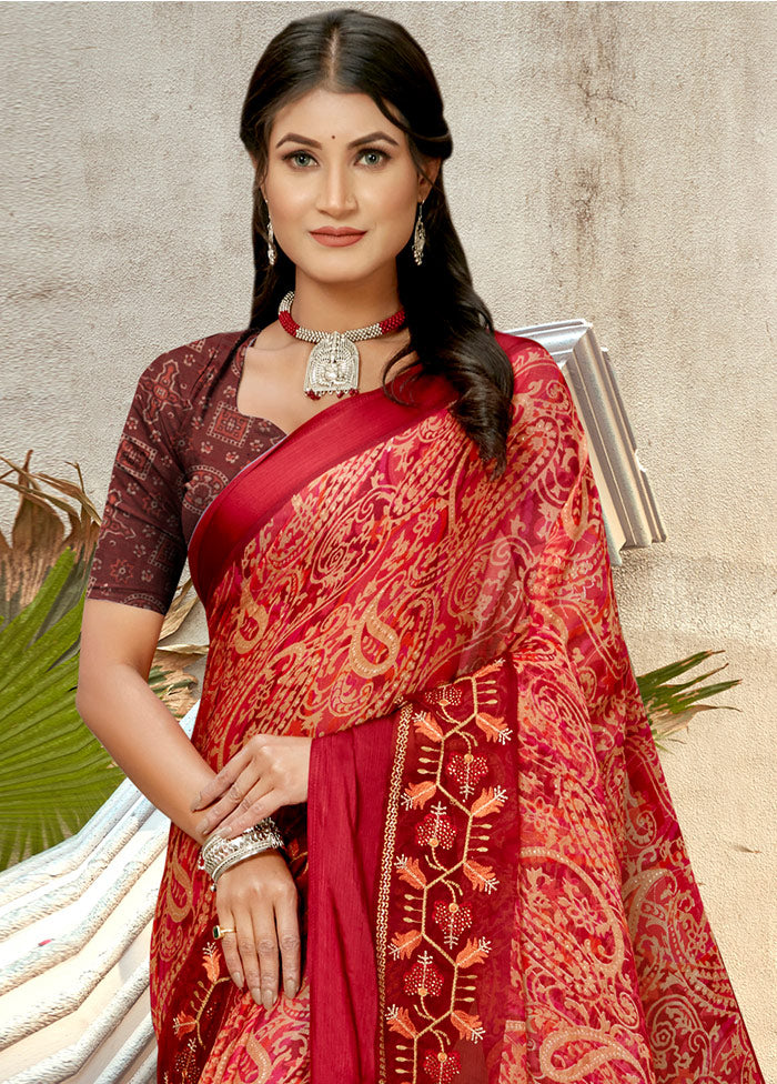 Maroon Chiffon Silk Embroidered Saree With Blouse Piece - Indian Silk House Agencies
