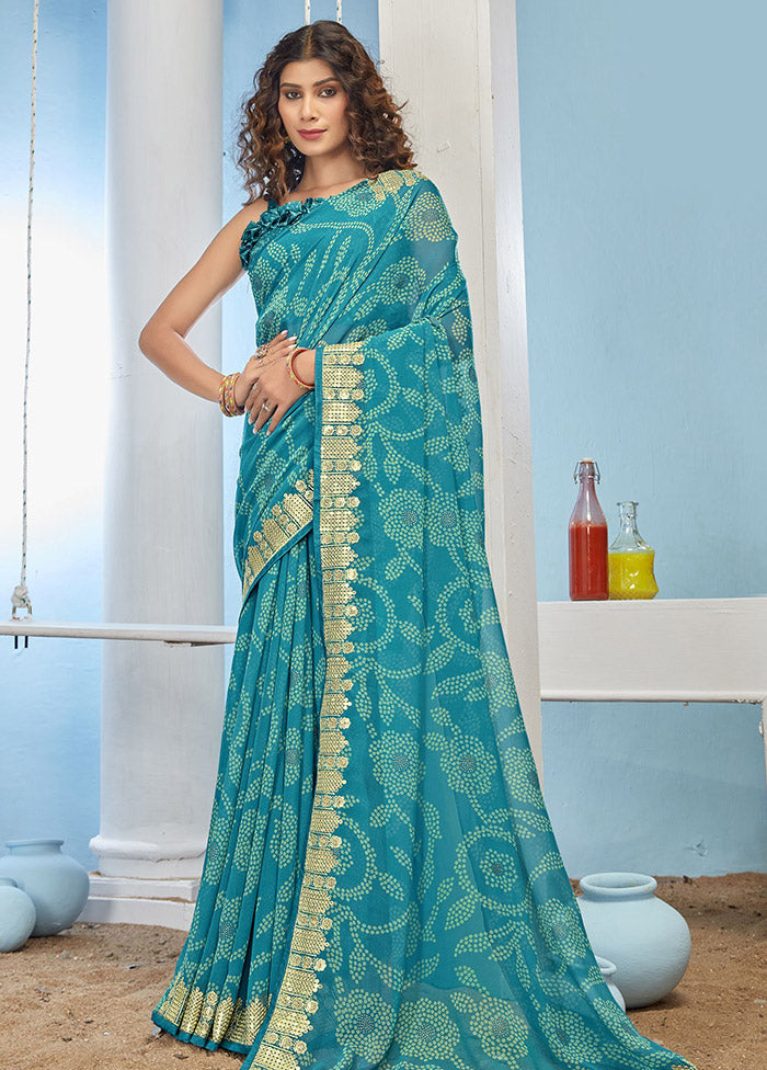 Sky Blue Chiffon Silk Foil Embellished Saree With Blouse Piece - Indian Silk House Agencies