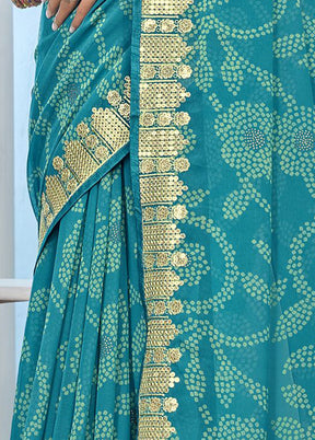 Sky Blue Chiffon Silk Foil Embellished Saree With Blouse Piece - Indian Silk House Agencies