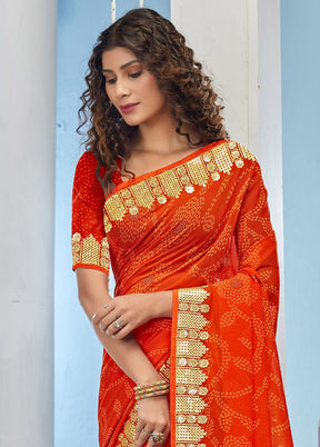 Orange Chiffon Silk Foil Embellished Saree With Blouse Piece - Indian Silk House Agencies