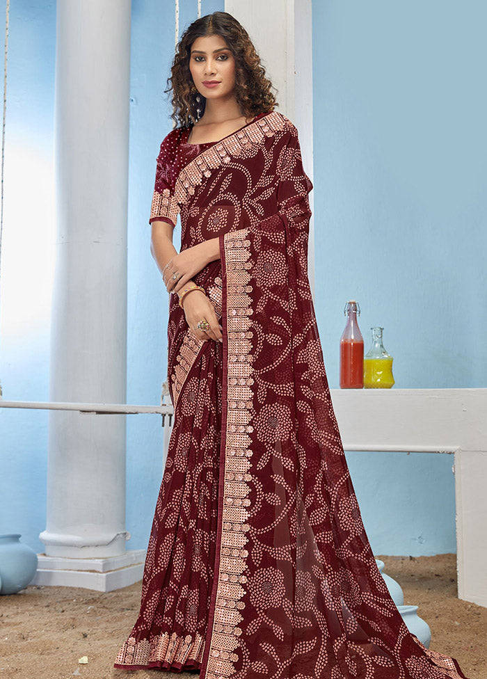 Maroon Chiffon Silk Foil Embellished Saree With Blouse Piece - Indian Silk House Agencies