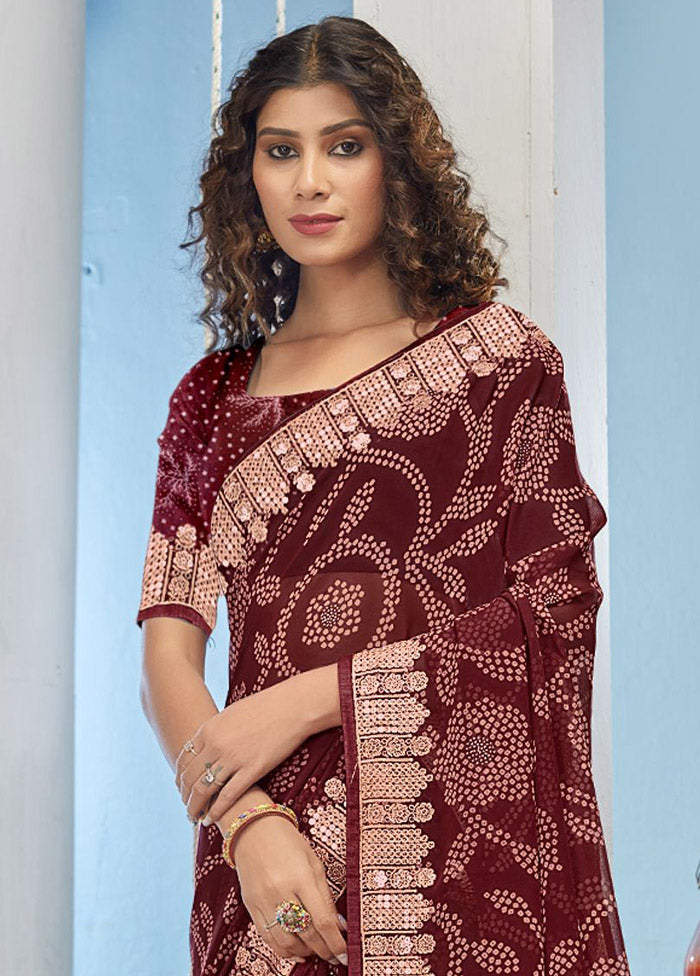 Maroon Chiffon Silk Foil Embellished Saree With Blouse Piece - Indian Silk House Agencies