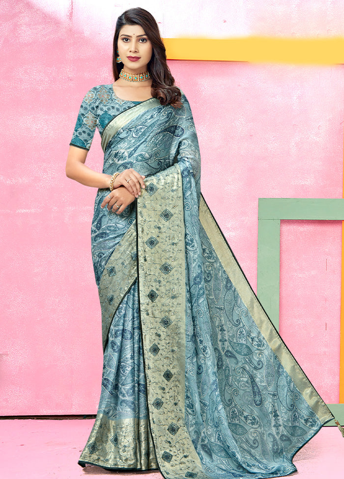 Blue Chiffon Silk foil Emblished Saree With Blouse Piece - Indian Silk House Agencies