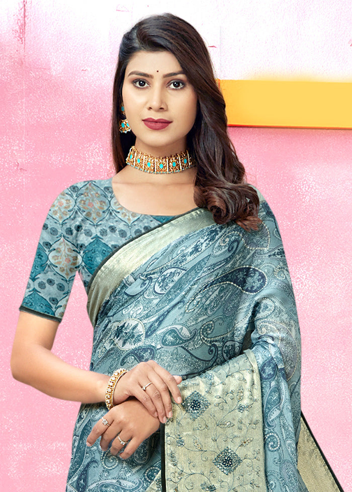 Blue Chiffon Silk foil Emblished Saree With Blouse Piece - Indian Silk House Agencies