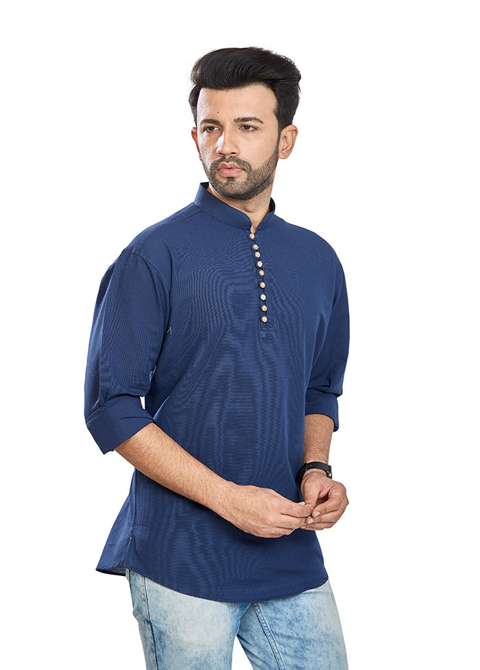 Navy Blue Solid Cotton Short Kurta VDAC69246 - Indian Silk House Agencies
